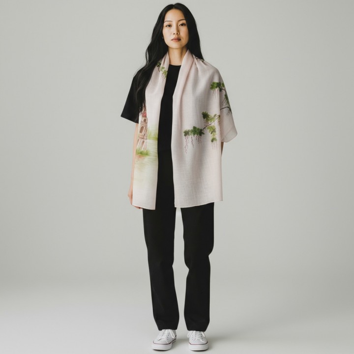 Khăn gai dài vẽ tay hình Hồ Gươm màu hồng nhạt   70*190cm